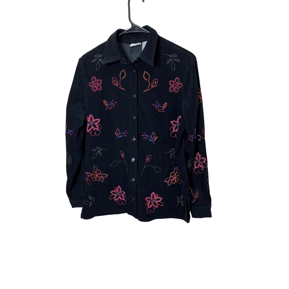 Koret Womens Black Embroidered Floral Long Sleeve Button Up Shirt Size S